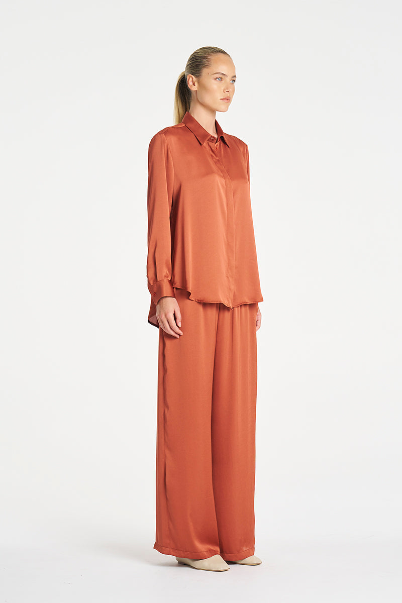 Mela Purdie Soft Shirt in Copper, Mirror Satin fabric – side view