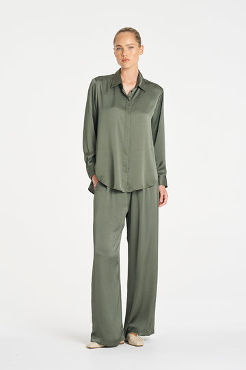Mela Purdie Soft Shirt in Sage, Mirror Satin fabric – front view