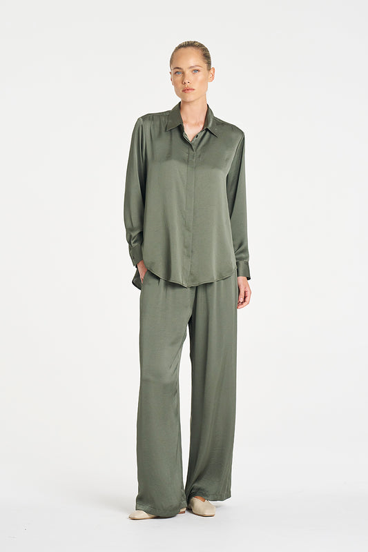 Mela Purdie Soft Shirt in Sage, Mirror Satin fabric – front view