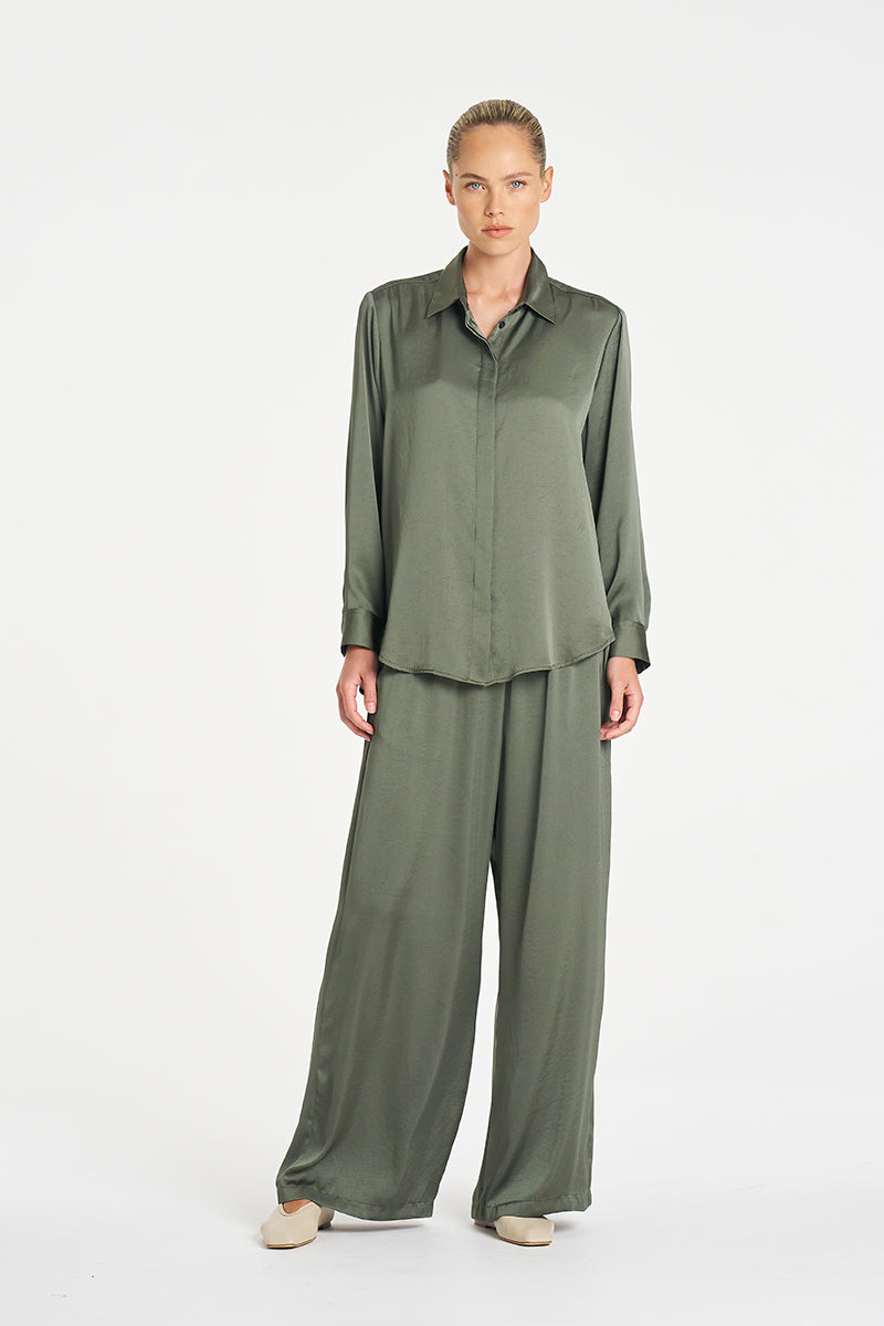 Mela Purdie Soft Shirt in Sage, Mirror Satin fabric – front view