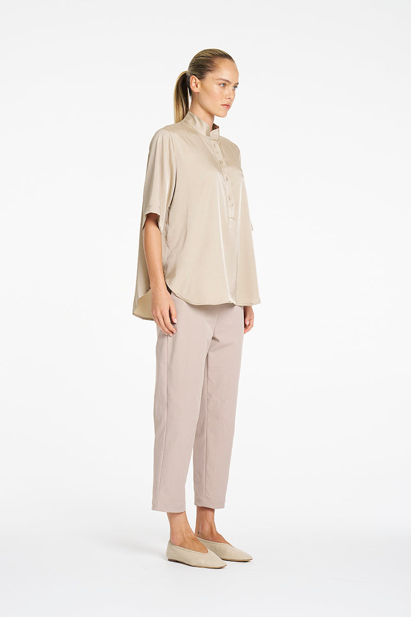 Mela Purdie Tapered Flat Pant in Fawn, Gravitene fabric – side view