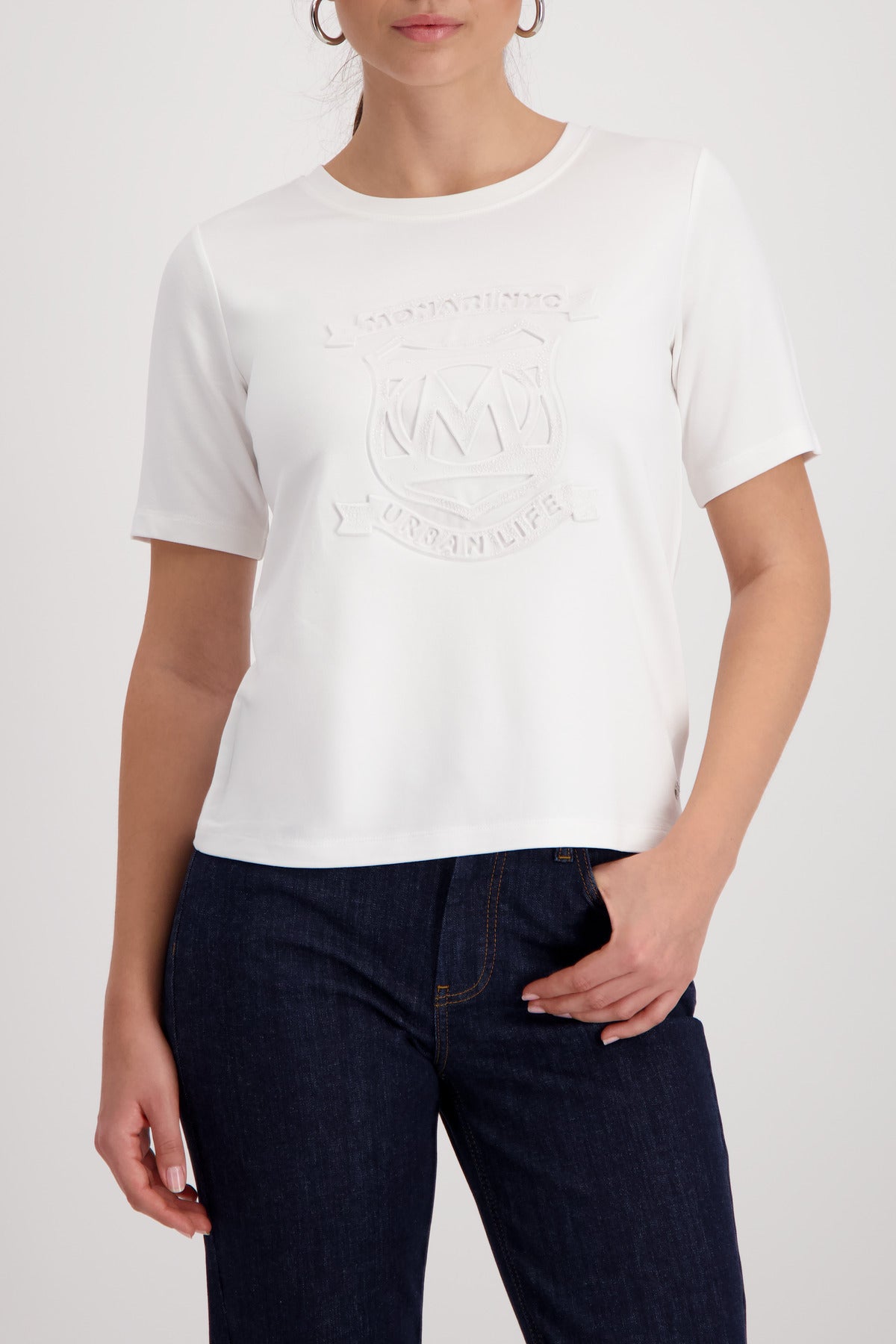 Monari Basic Emblem T-Shirt in Off-White - worn - front view