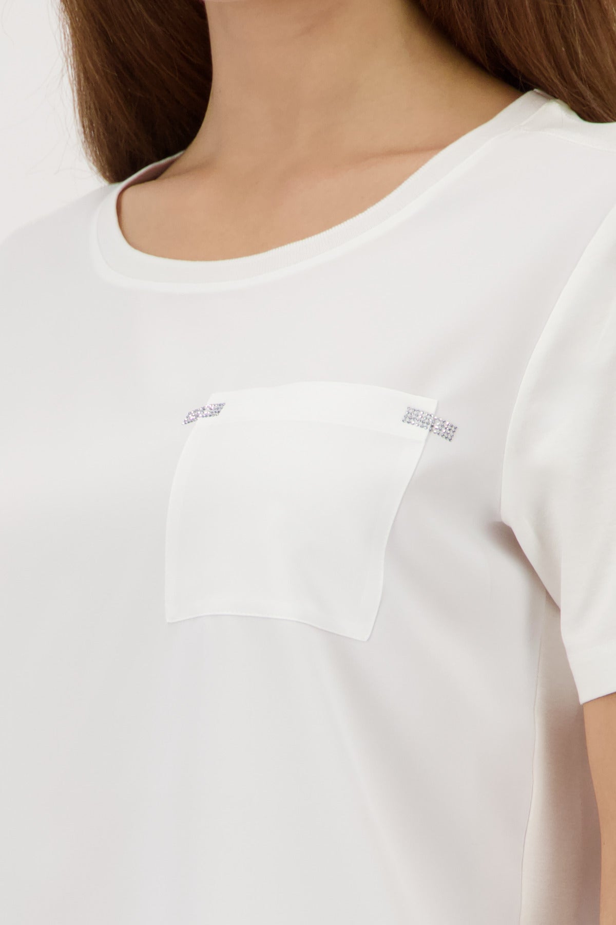 Monari Basic Jersey Blouse in Off-White - close-up detail, worn