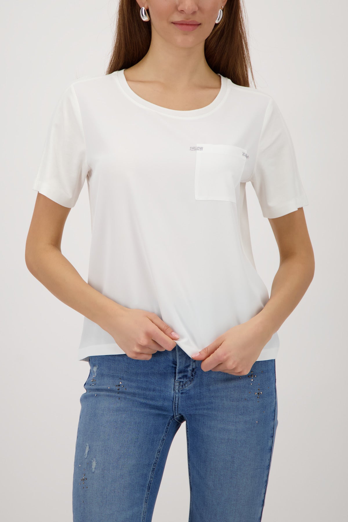 Monari Basic Jersey Blouse in Off-White - worn - front view