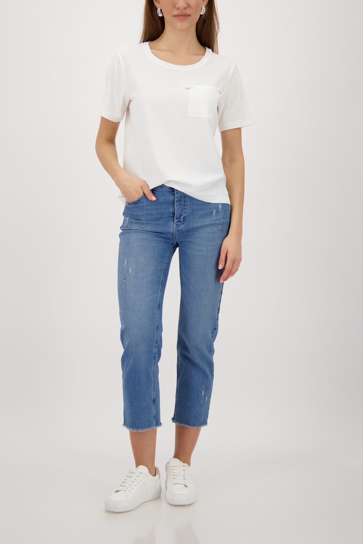 Monari Basic Jersey Blouse in Off-White - worn - full length