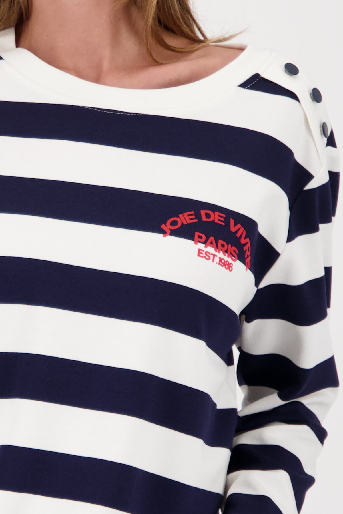 Monari Basic Print Jersey in Marine Stripe - close-up detail, worn