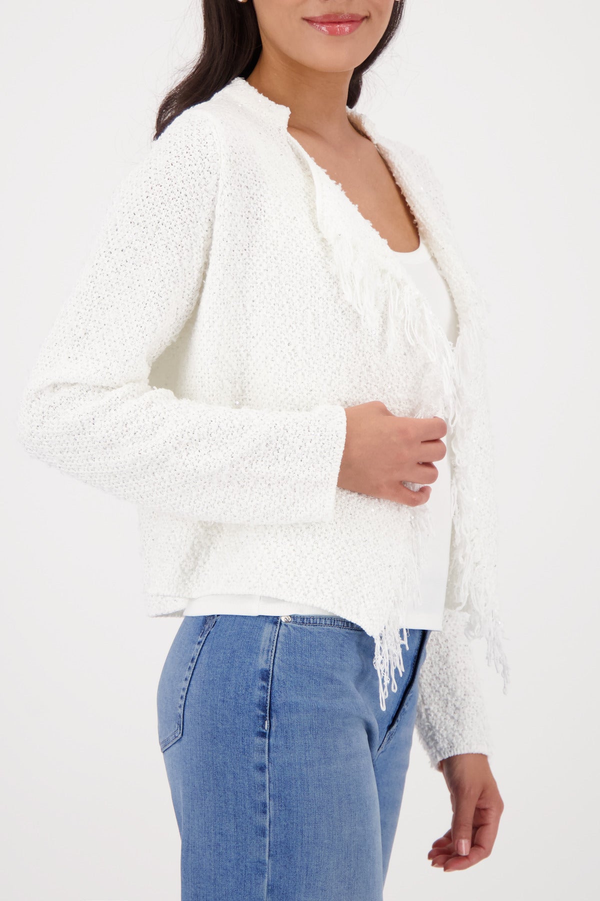 Monari Fringed Cardigan in Off-White - worn - side view