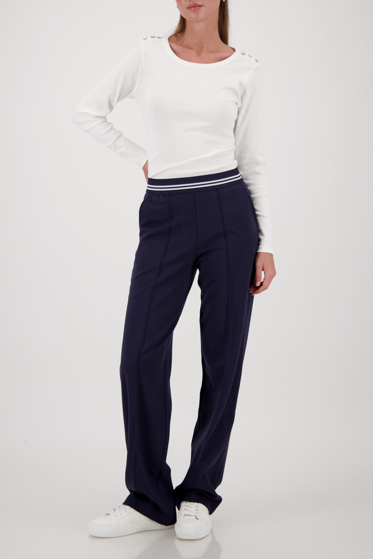 Monari Jersey Rib Pants in Marine - worn - full length
