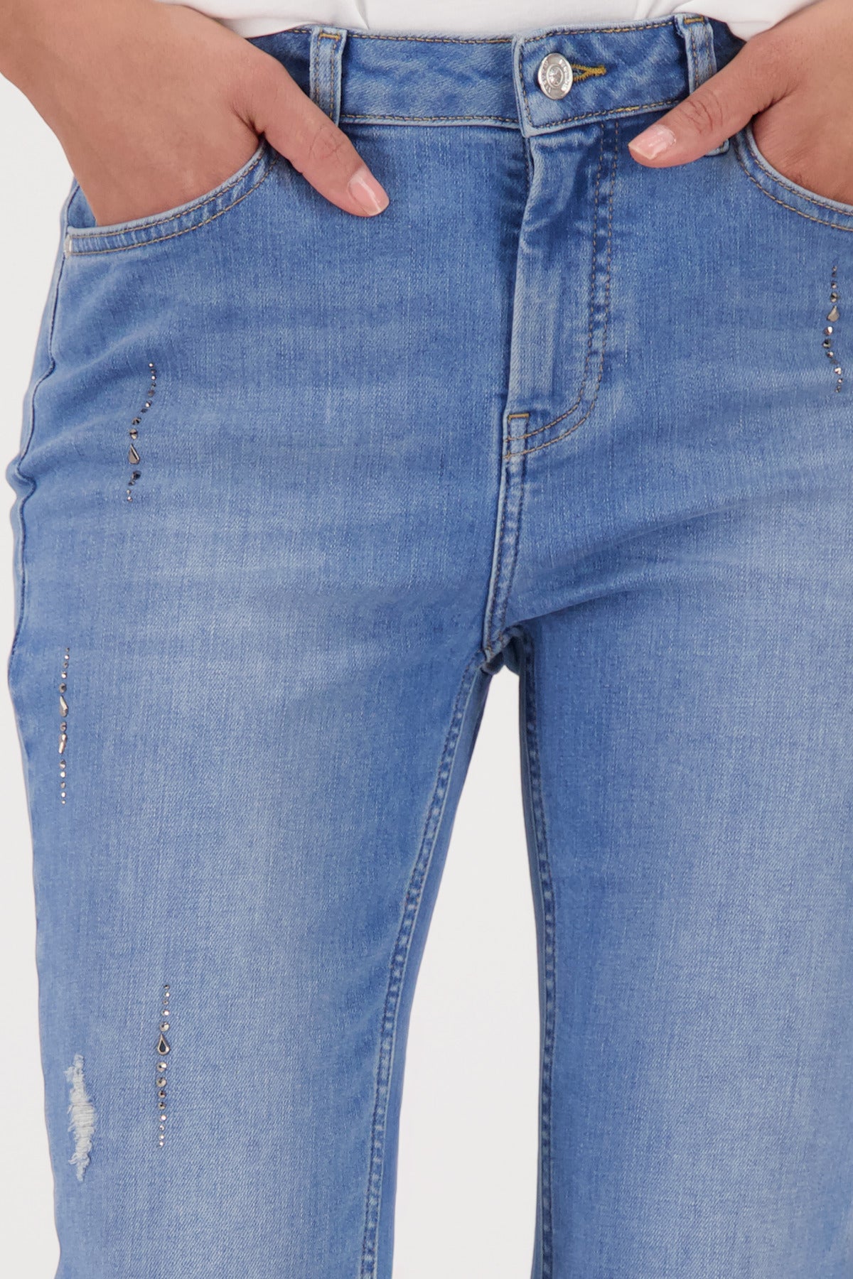 Monari Jewelled Jeans in Denim - close-up detail, worn