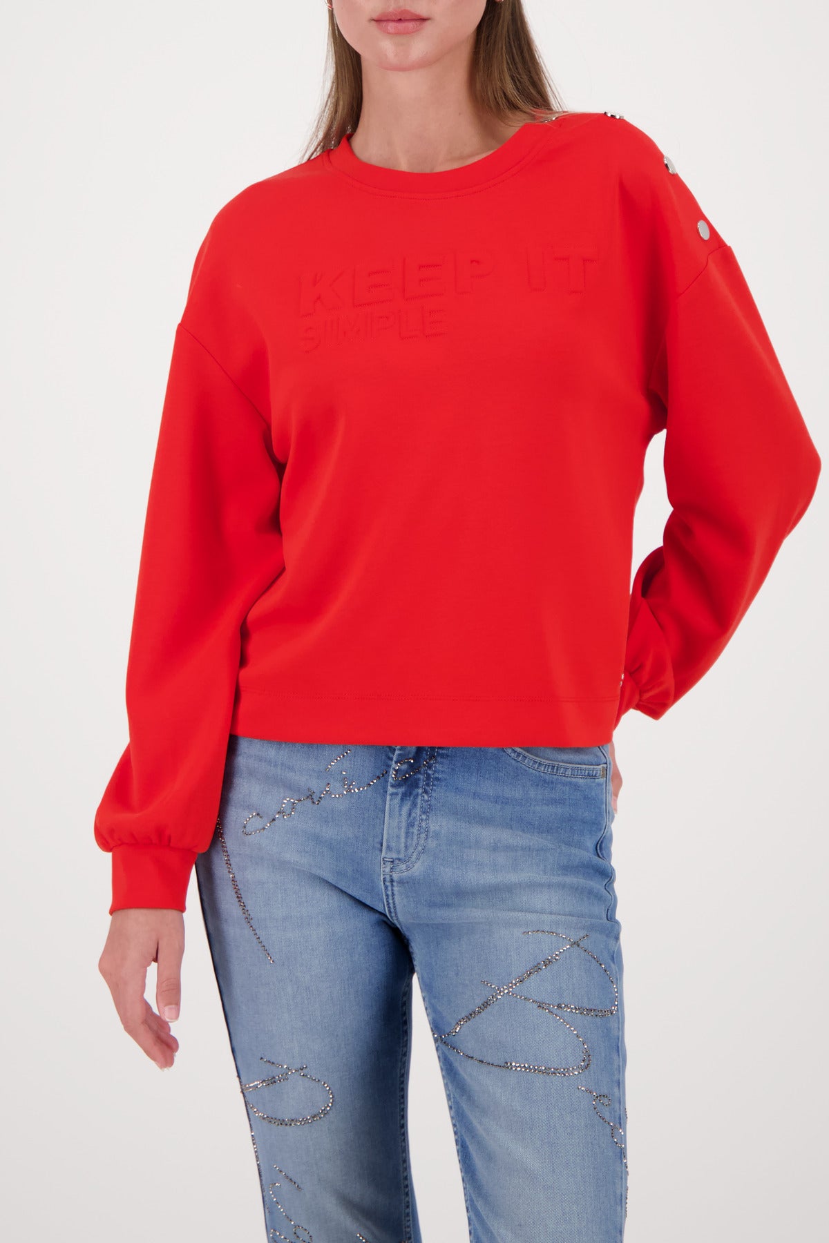 Monari Lettered Jersey in Chilli - worn - front view