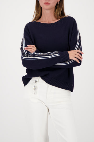 Monari Striped Decorated Sweater in Marine - worn - front view
