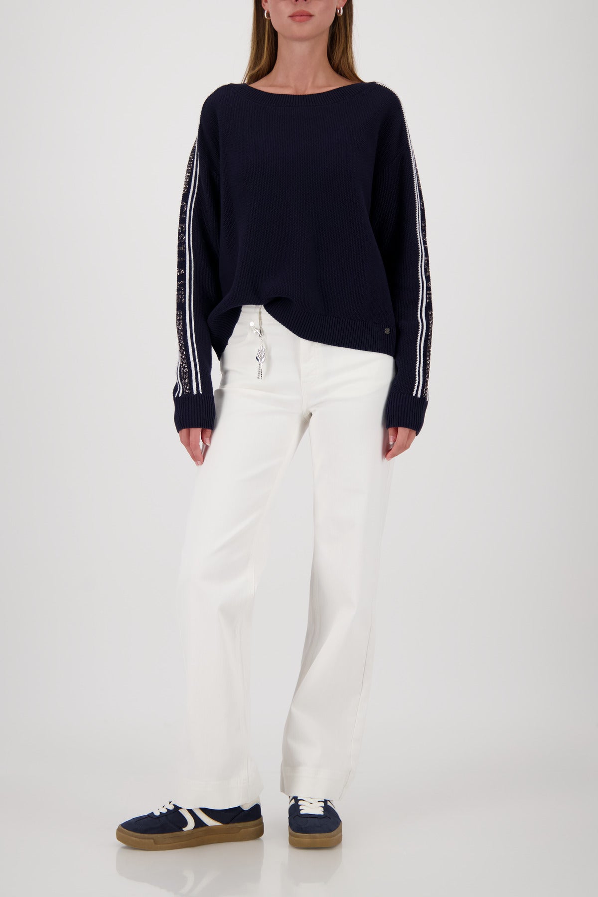 Monari Striped Decorated Sweater in Marine - worn - full length
