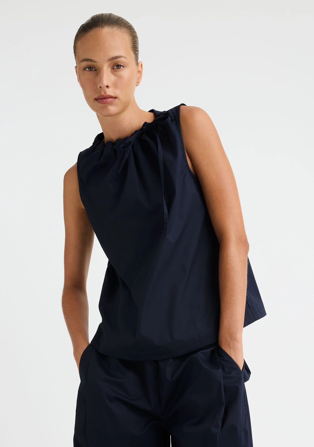 Morrison Maddison Tie Top in Navy, worn - front