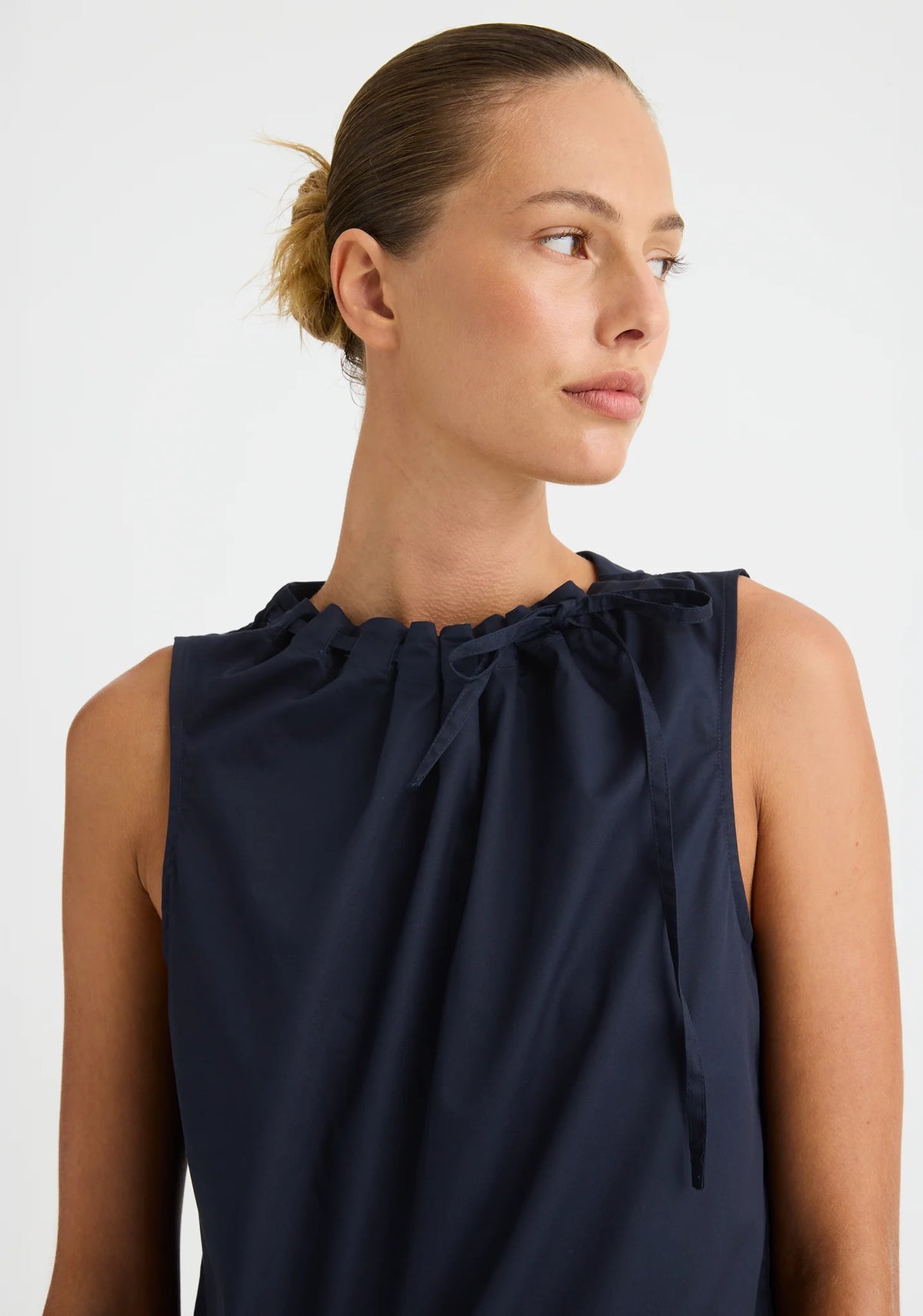 Morrison Maddison Tie Top in Navy - close-up of the drawstring neckline