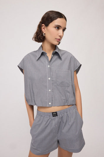 Ottod'Ame Balloon-Effect Shirt Top, Var.Unica stripe, on model – Haus of Alma