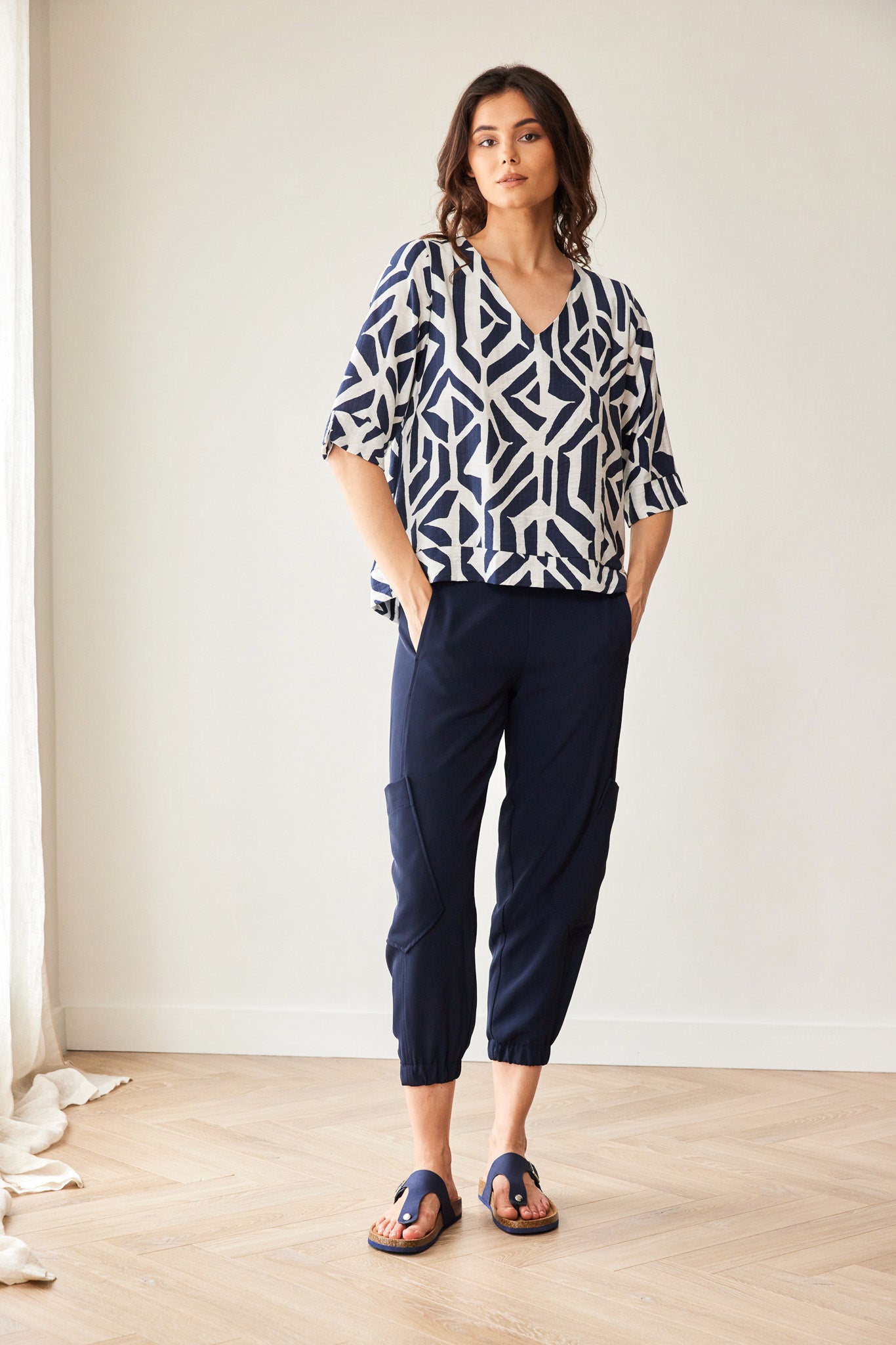 Peruzzi Geo Block Print Top in Navy