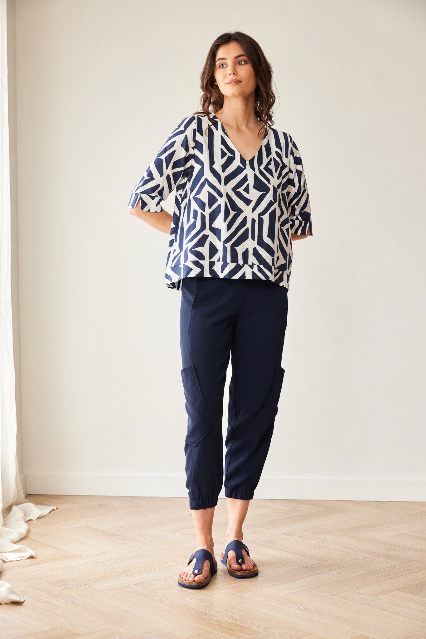 Peruzzi Geo Block Print Top in Navy