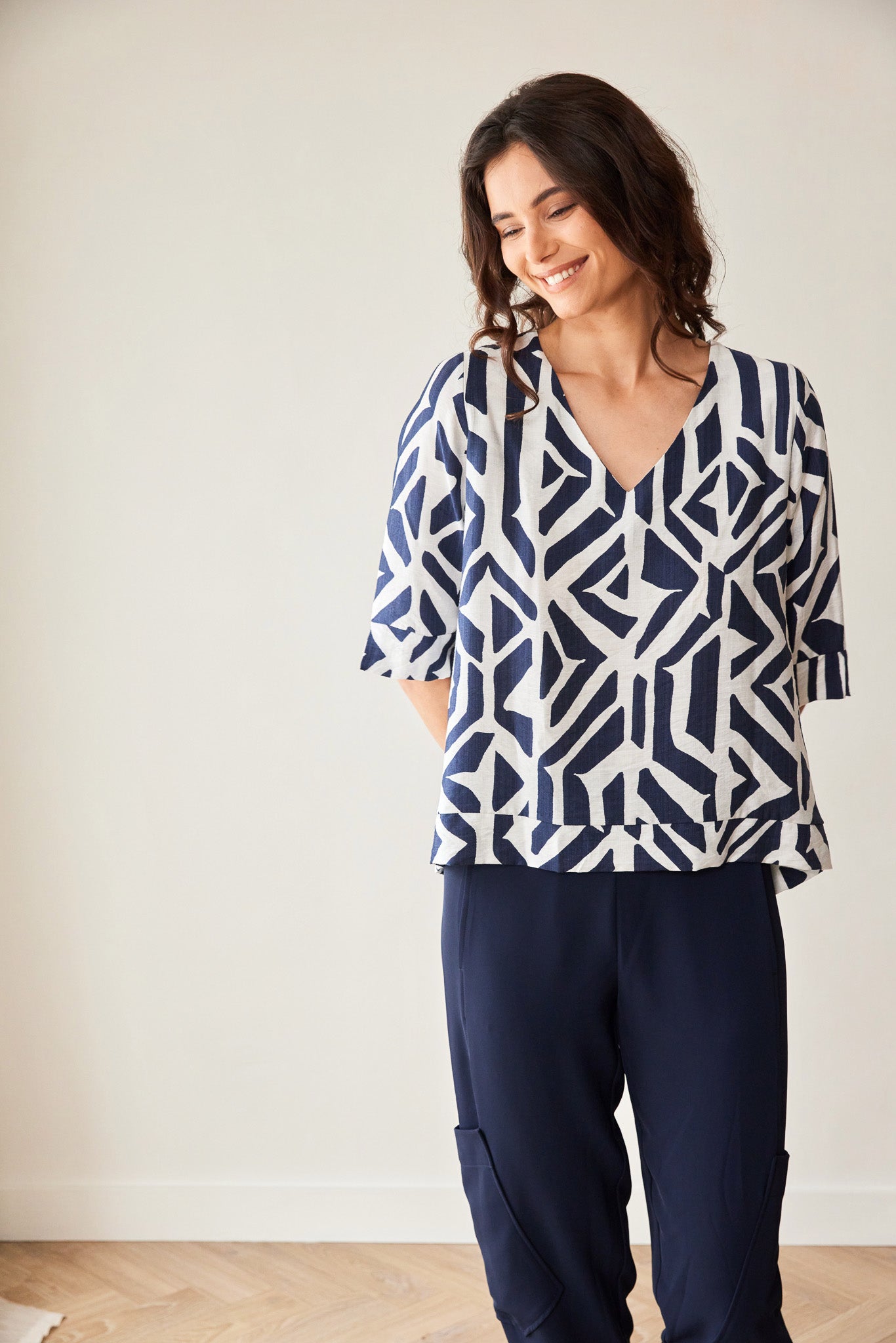 Peruzzi Geo Block Print Top in Navy