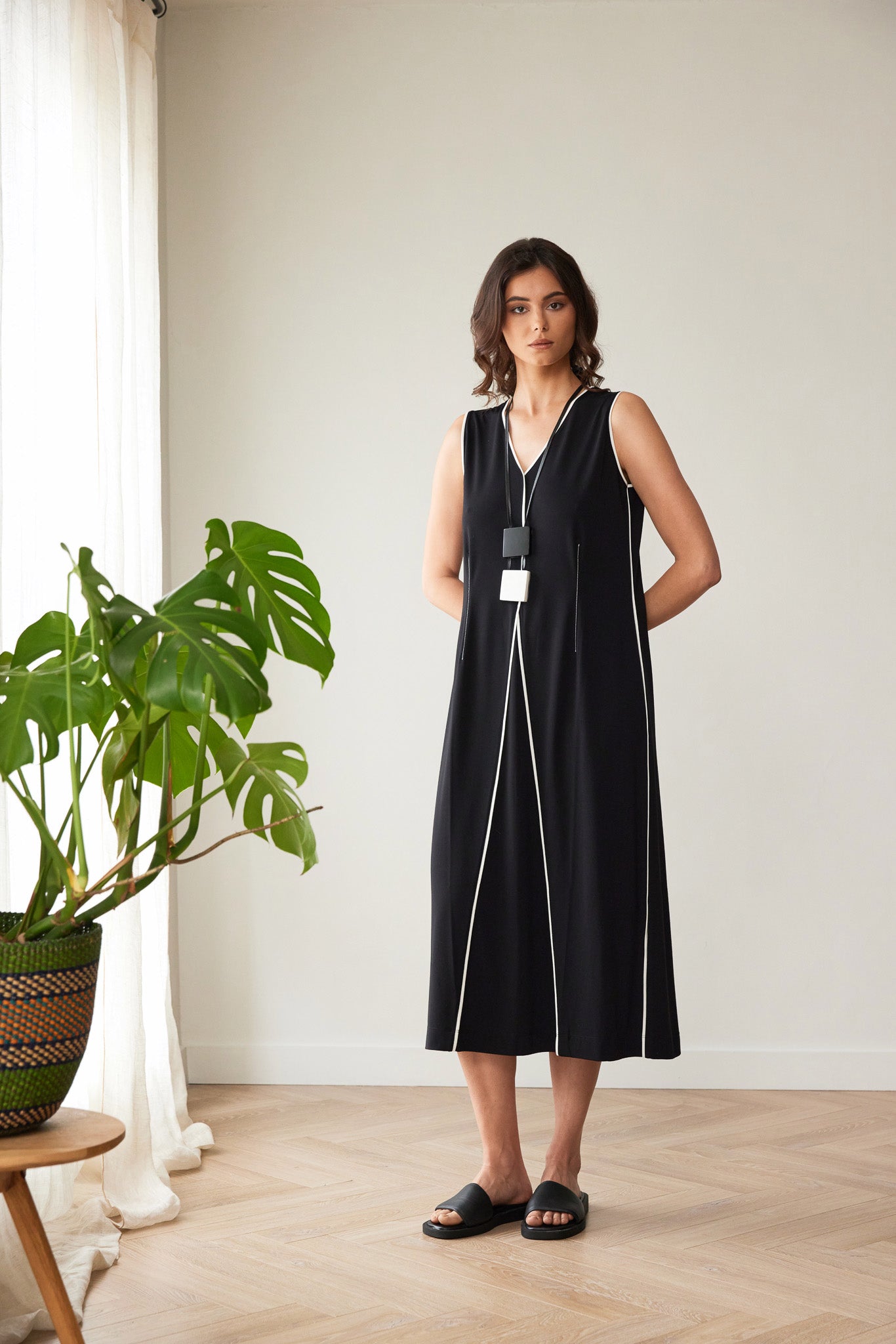 Peruzzi Piped Dress in Black and Ecru