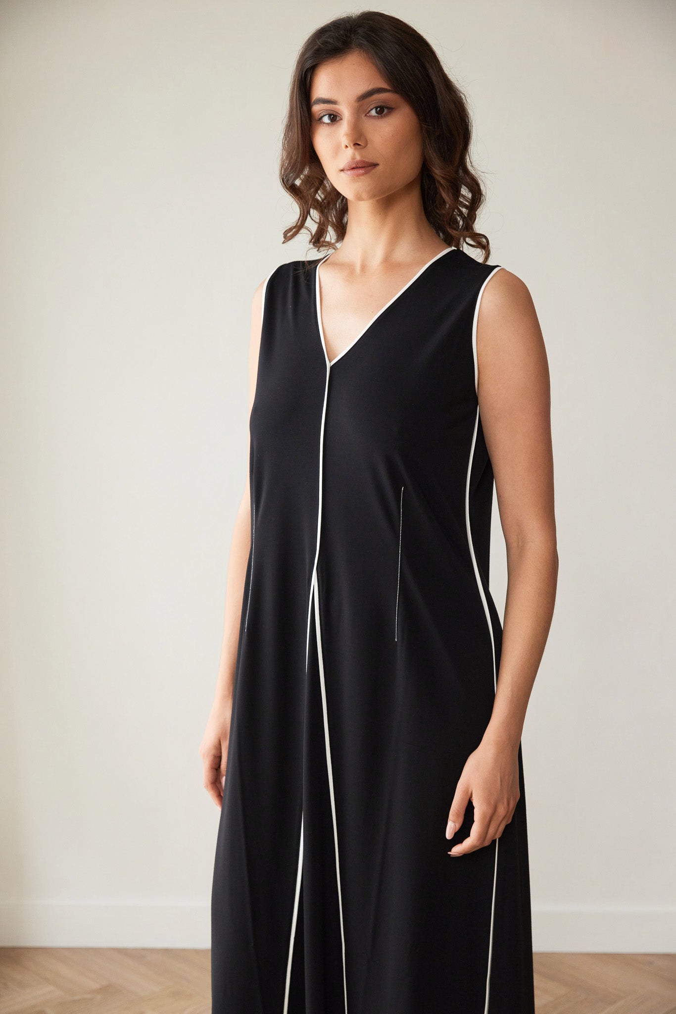 Peruzzi Piped Dress in Black and Ecru