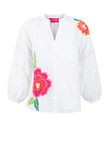 Place du Soleil Big Embroidered Flower Blouse in White - flat lay