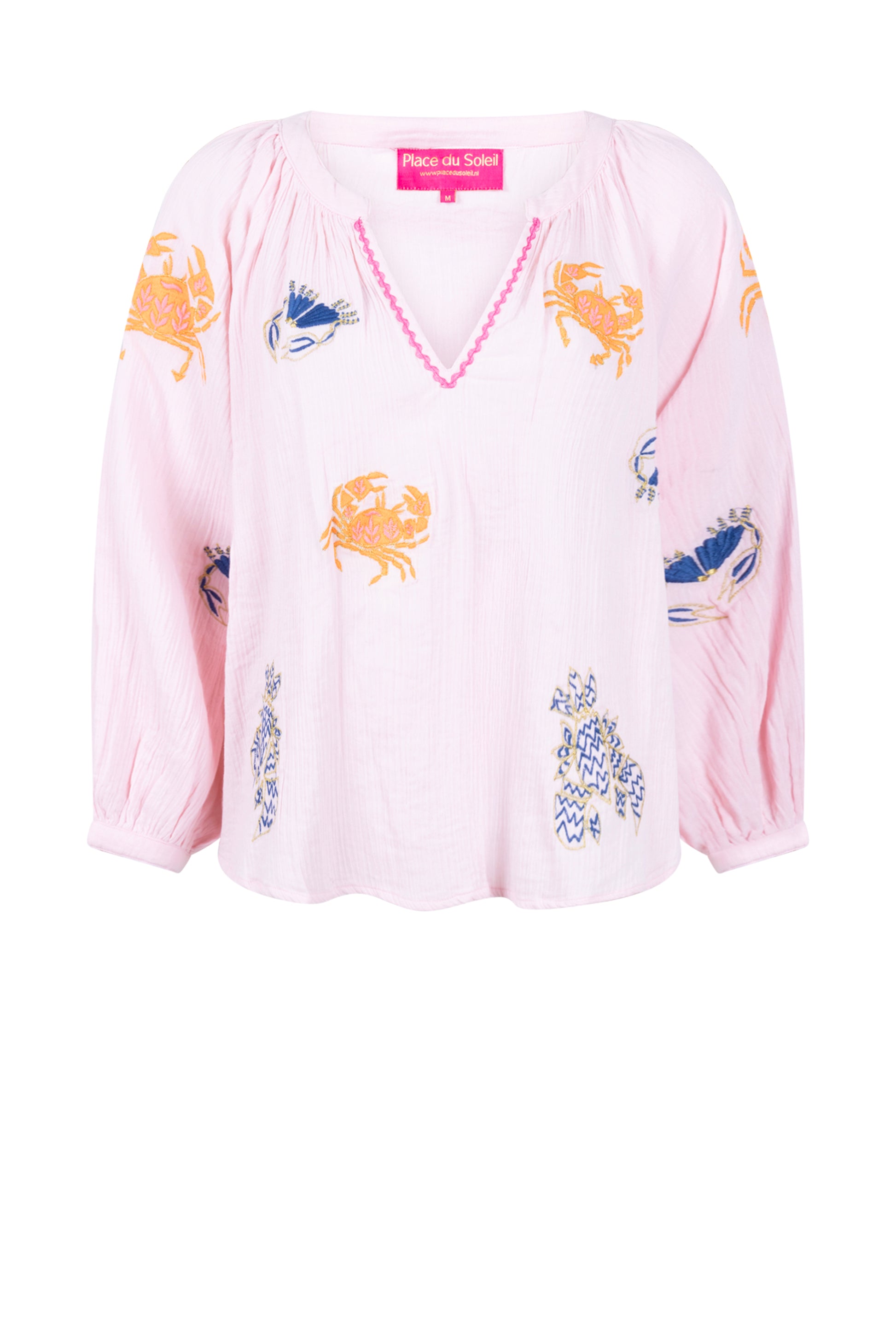 Place du Soleil Rosa Mix Crab Embroidered Blouse in Pink - flat lay