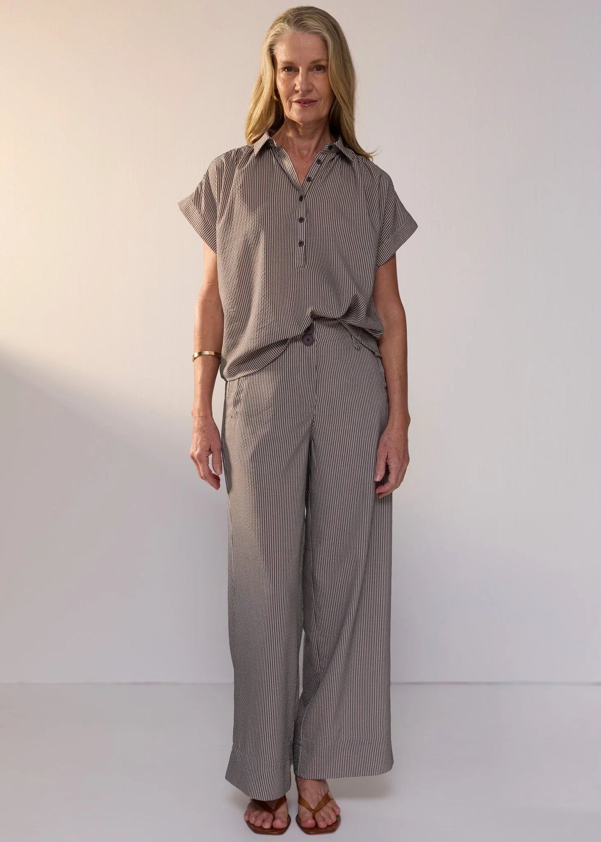 POL Clothing Dylan Pant in Shadow Stripe, worn - front with the matching Dylan Shirt