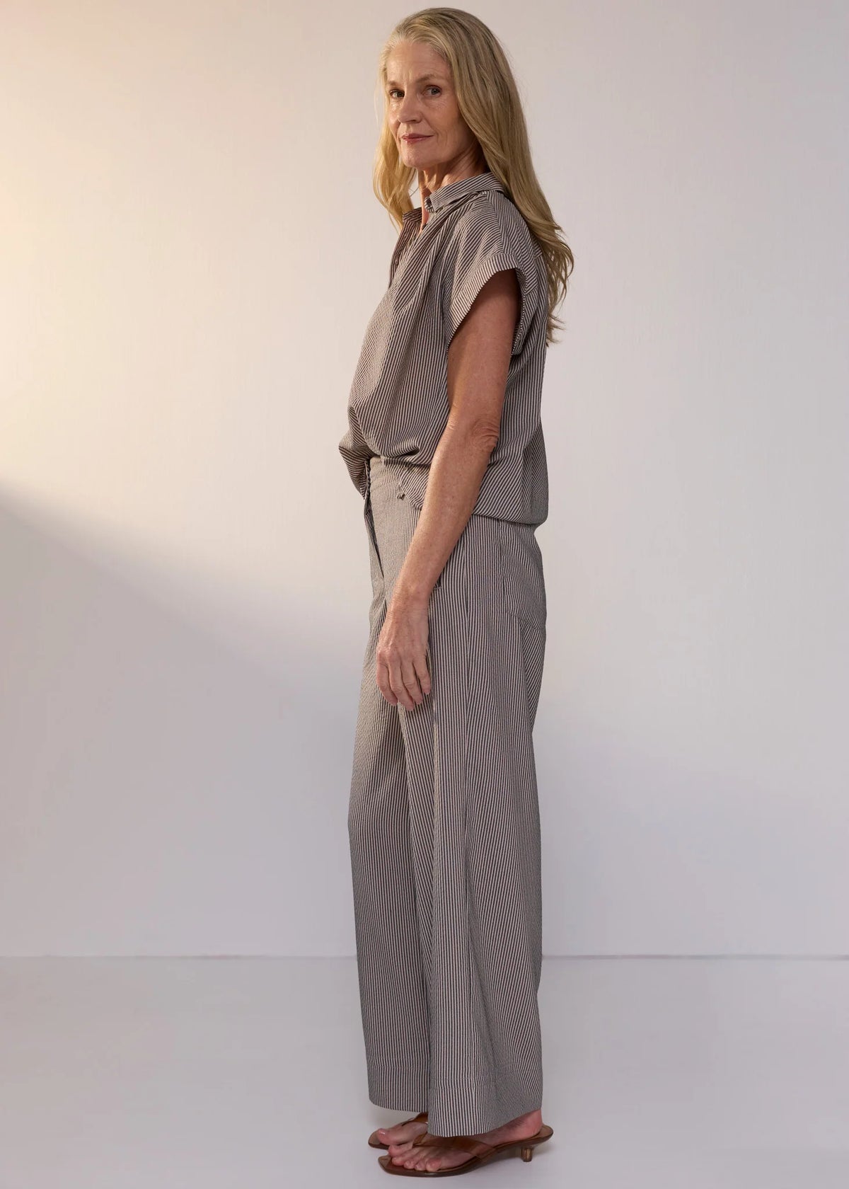 POL Clothing Dylan Pant in Shadow Stripe, worn - side showing the wide leg