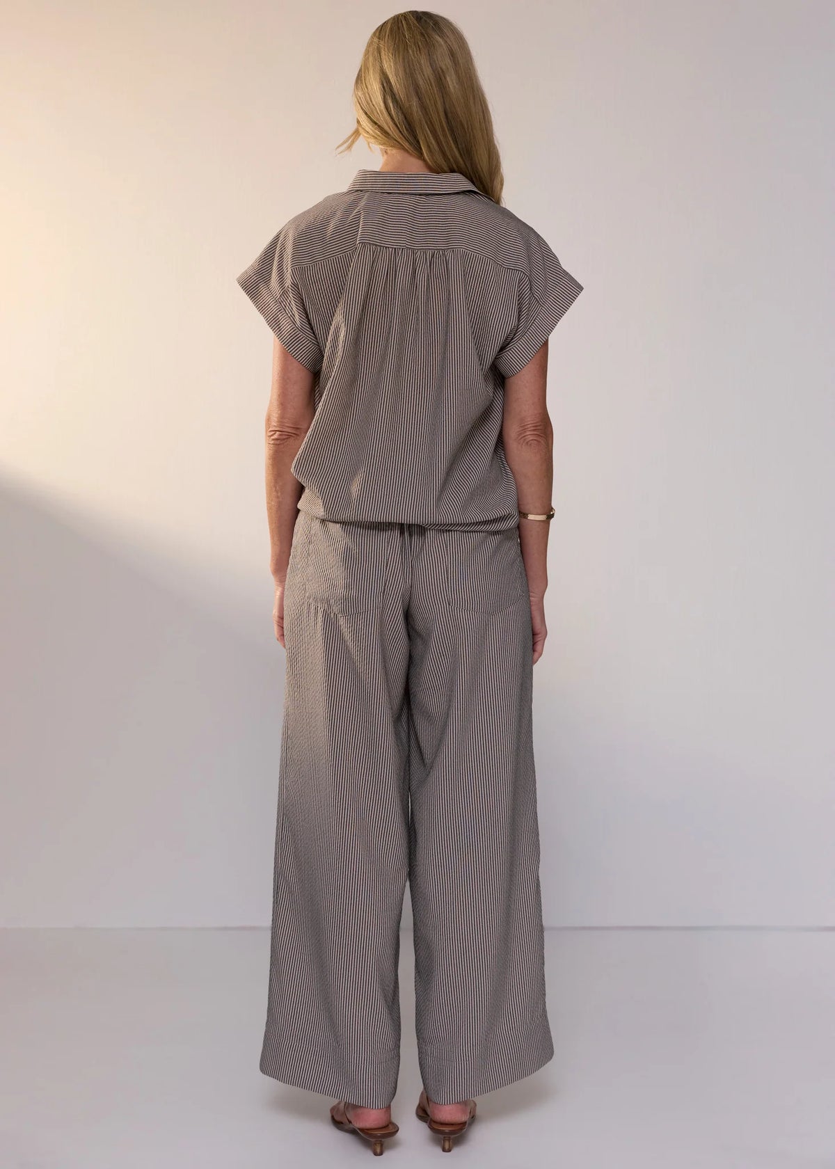 POL Clothing Dylan Shirt in Shadow Stripe, worn - back