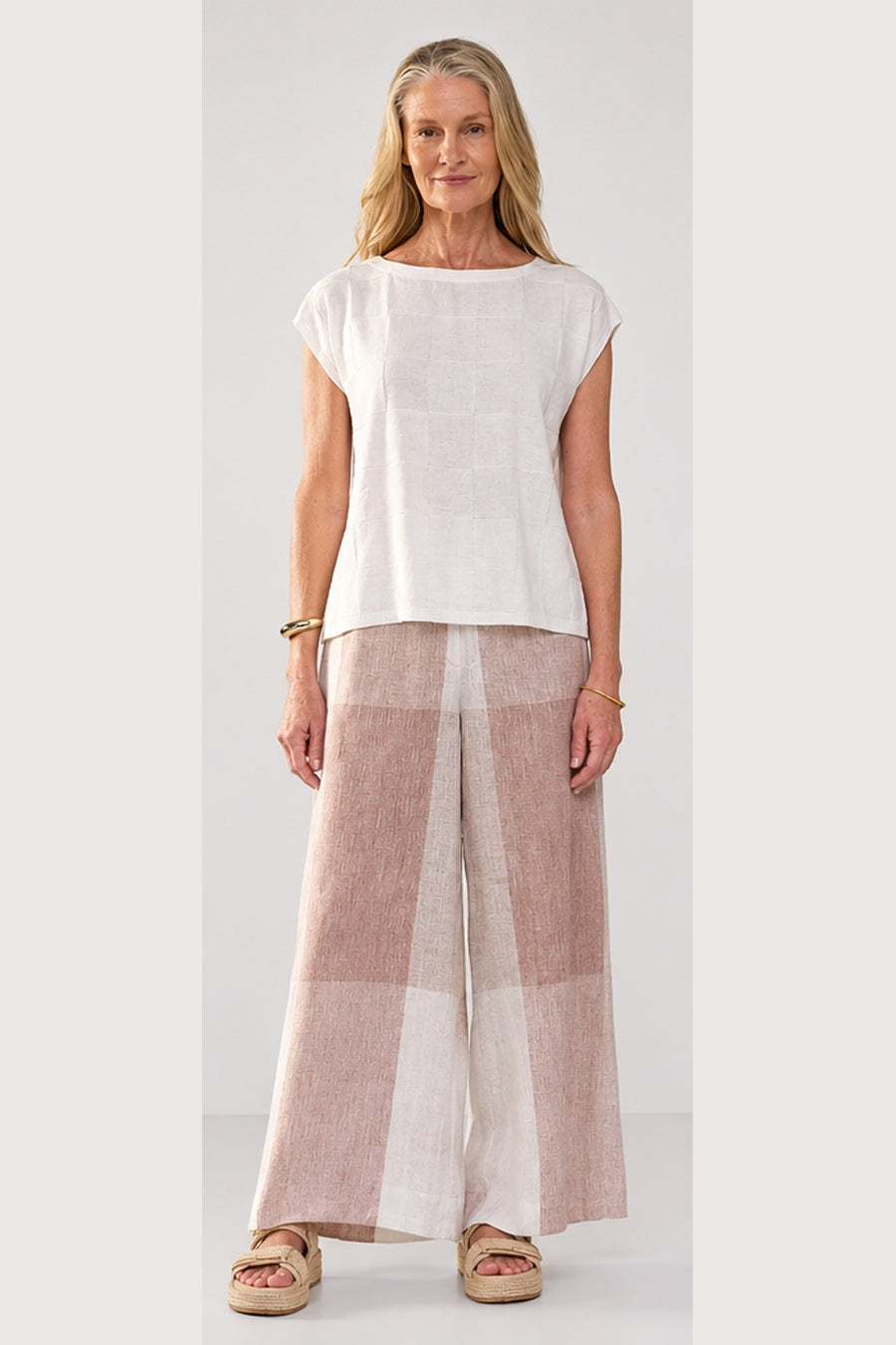 POL Clothing Naia Check Tee in White, worn - front, styled with the Nixie Pant