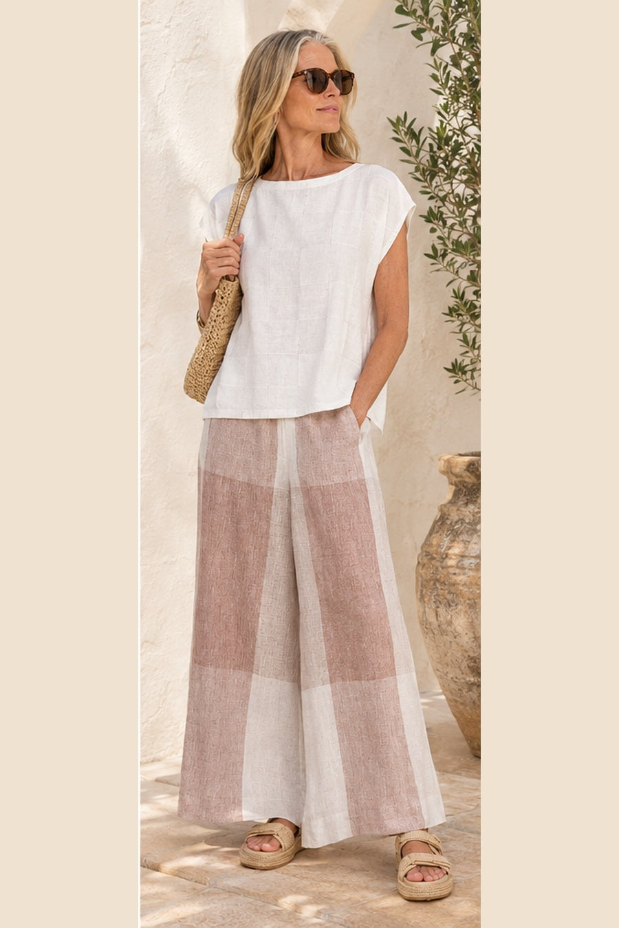 POL Clothing Naia Check Tee in White, styled with the Nixie Pant and a woven bag