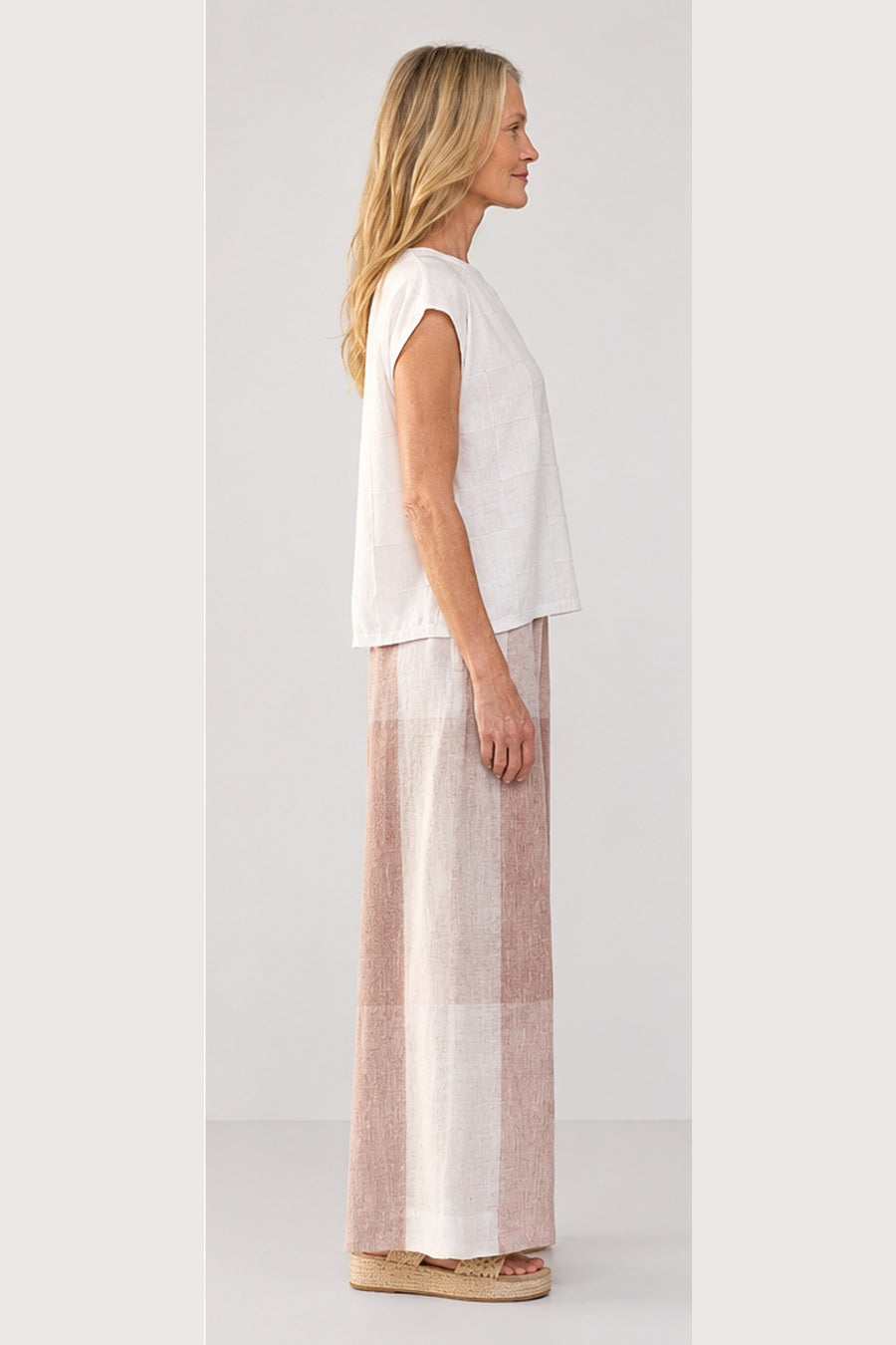 POL Clothing Nixie Pant in Toffee Gingham, worn - side showing the wide leg