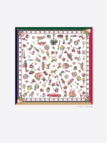 Vilagallo Silk Vintage Scarf flat lay, 110 x 110 cm vintage lifestyle print with hearts and travel icons