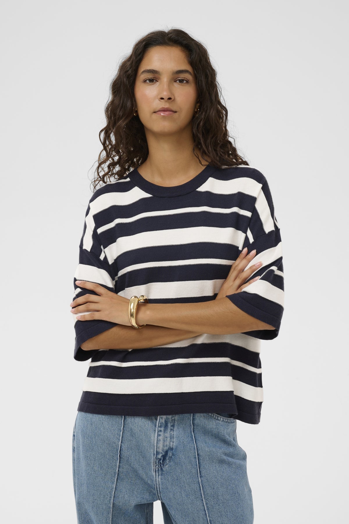 Soaked in Luxury Spina Boxy Structure Pullover in India Ink and White Stripe