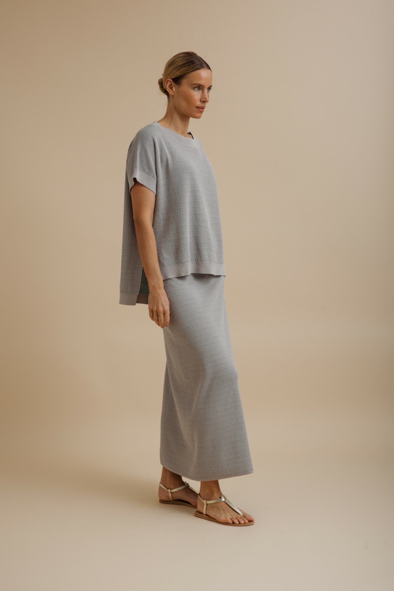 Talamaya Crepe Knitted Skirt in Silver/Sage - side view