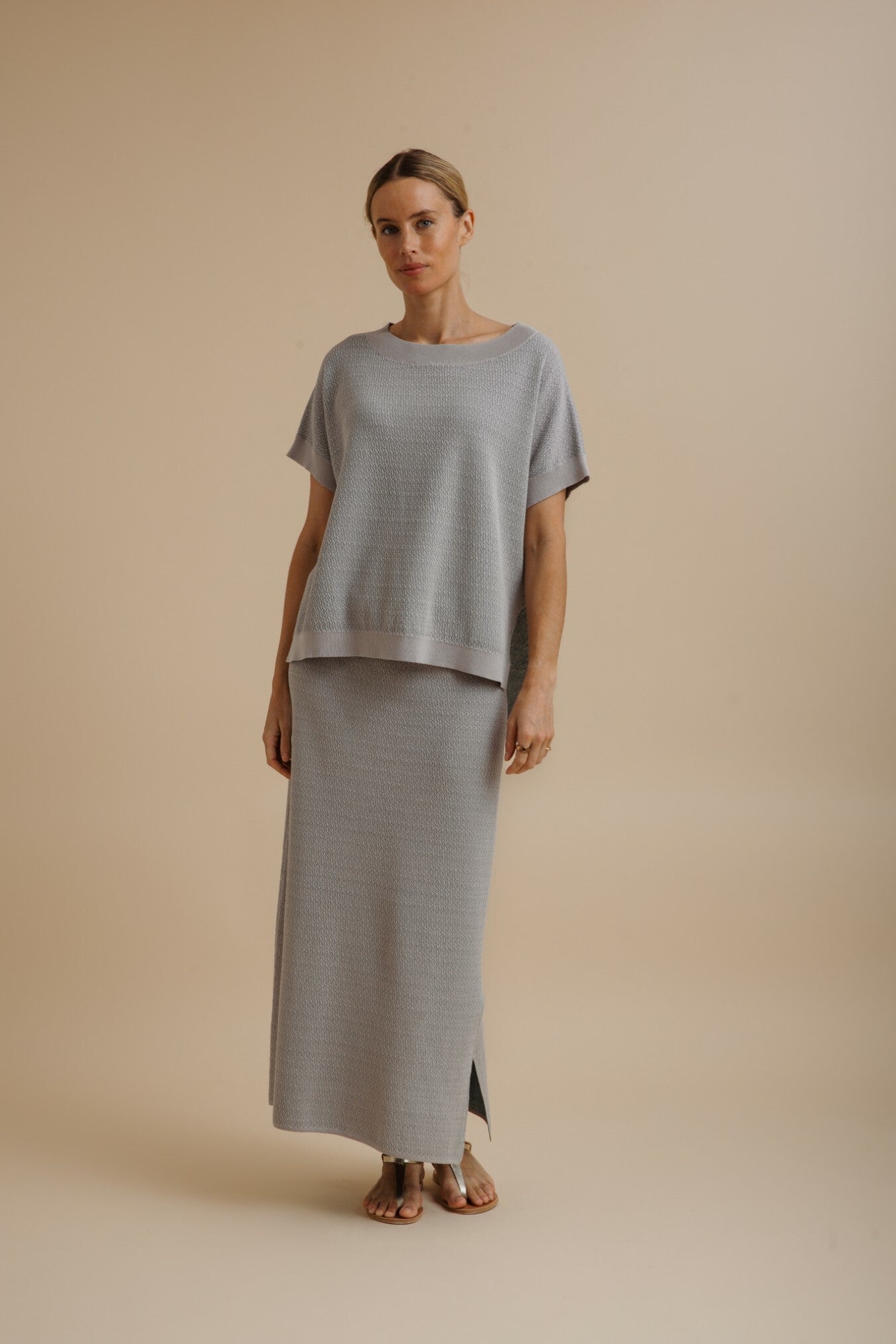 Talamaya Crepe Knitted Tee Pullover in Silver/Sage - front view