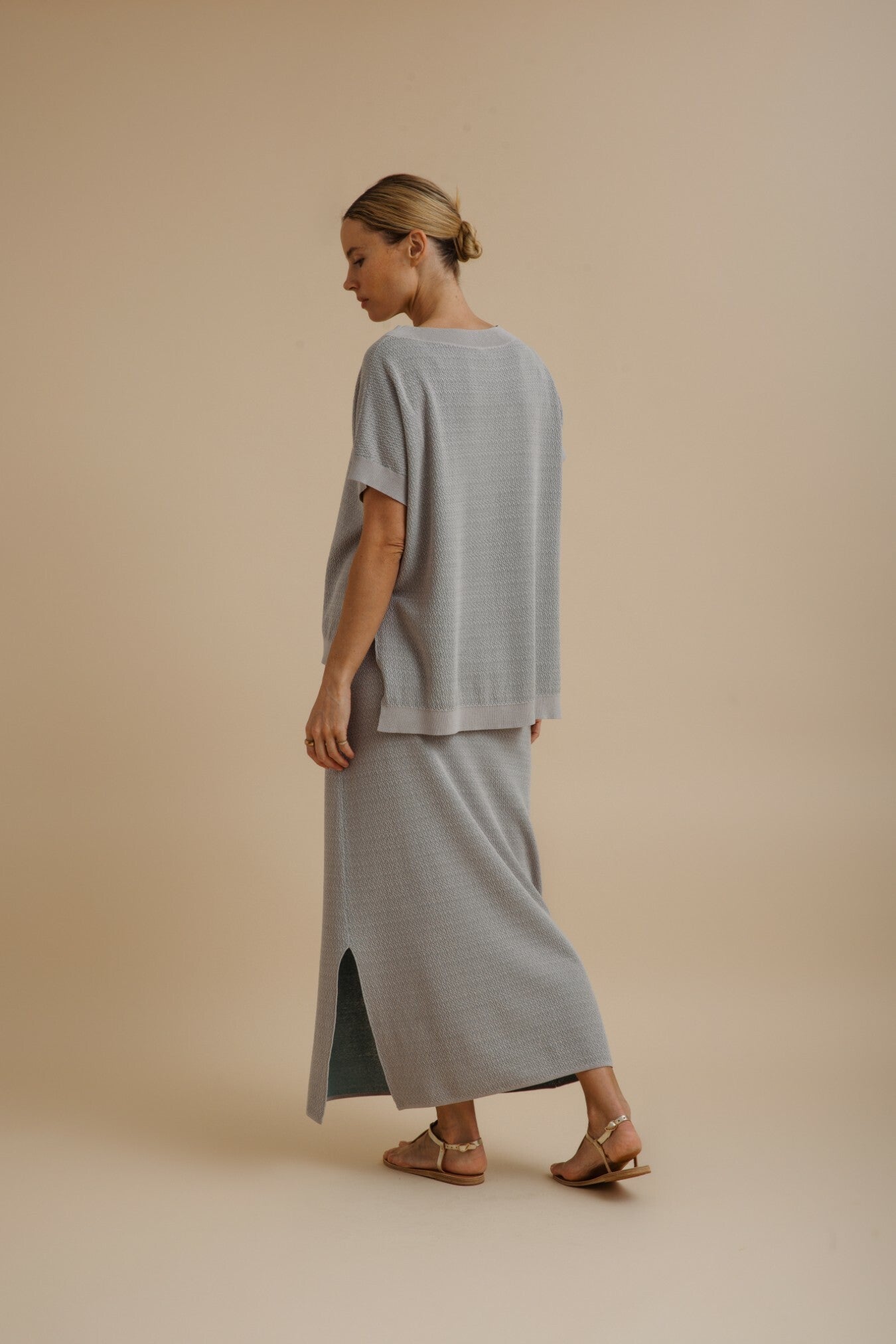 Talamaya Crepe Knitted Tee Pullover in Silver/Sage - back view