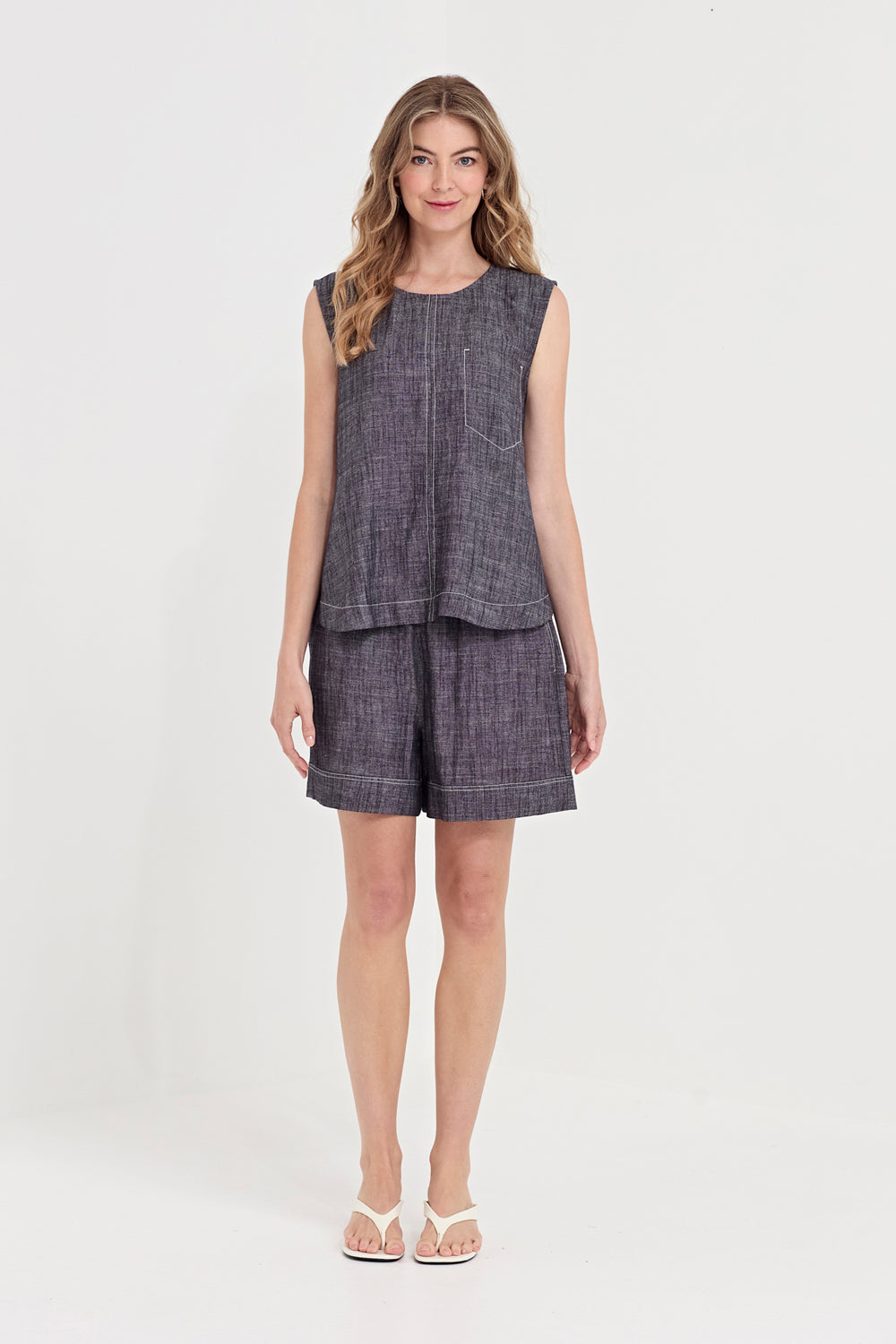 Verge Avery Tank in Ink, worn - front styled with matching shorts