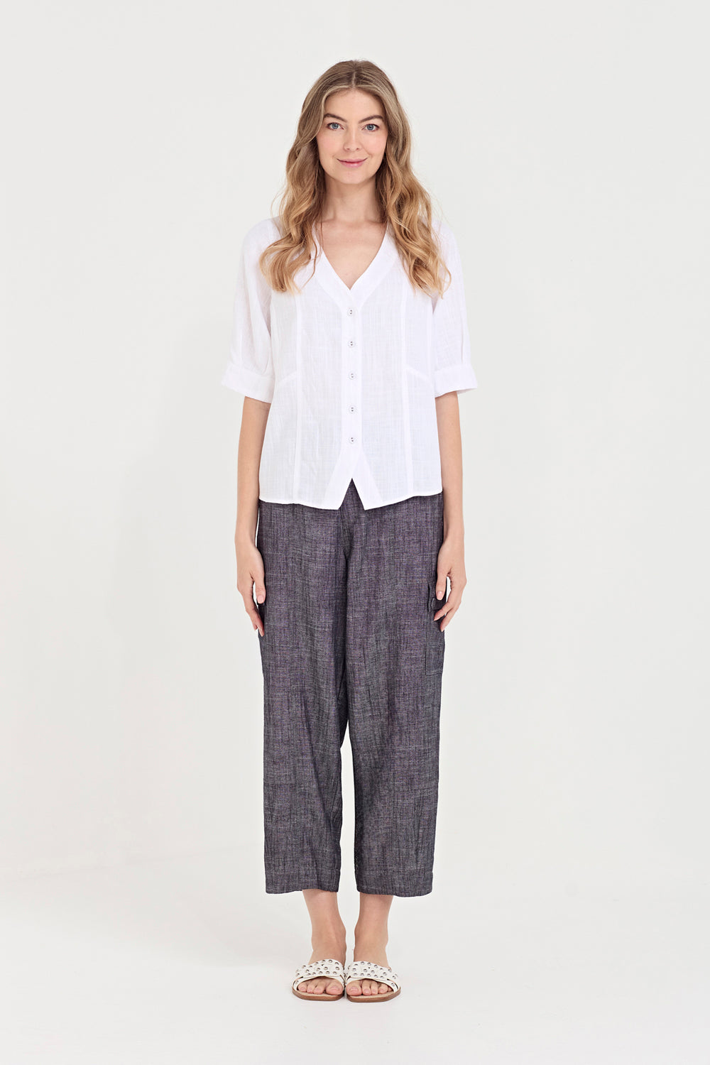 Verge Faithful Pant in Ink, worn - front
