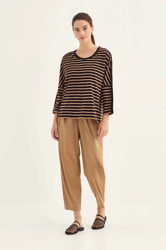 Verge Scenic Top in Black/Caramel stripe, worn - front