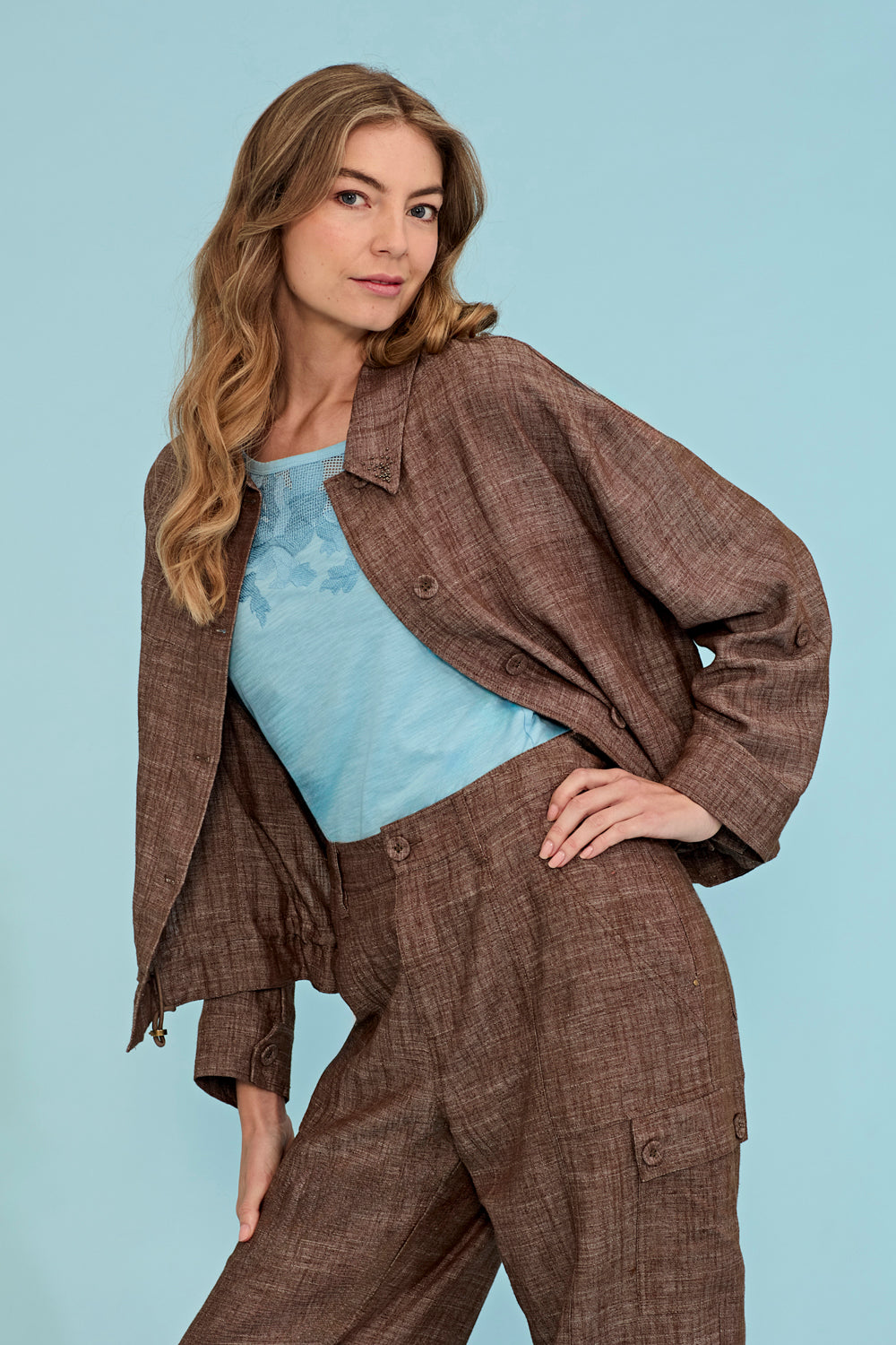 Verge True Jacket in Cocoa - close-up worn open